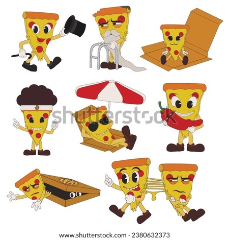 Set of many funny pizza slices on white background