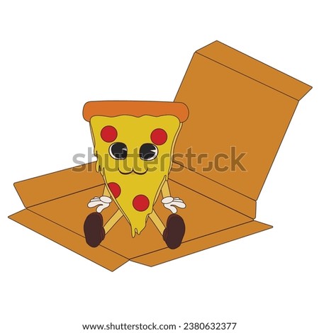 Funny pizza slice in cardboard box on white background