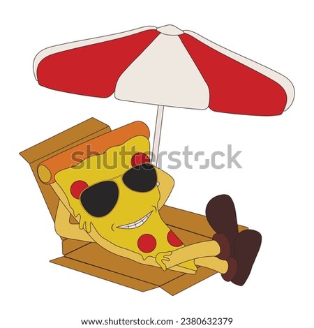 Funny pizza slice relaxing on sea beach against white background