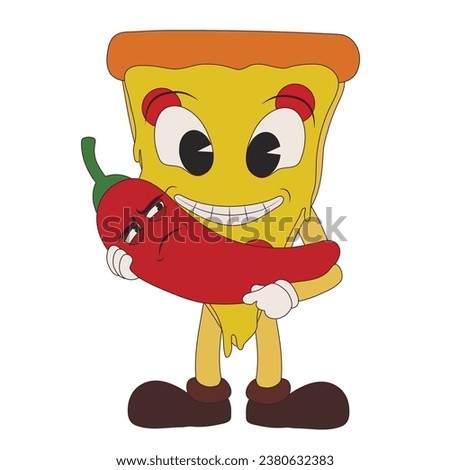 Funny pizza slice with chili pepper on white background