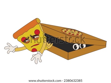 Funny pizza slice trying to escape from box on white background