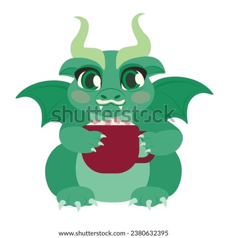 Cute little dragon with hot chocolate on white background. Chine
