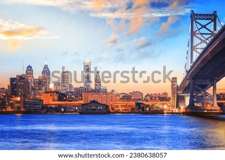 Panorama of Philadelphia skyline, Ben Franklin Bridge and Penn's Landing sunset....