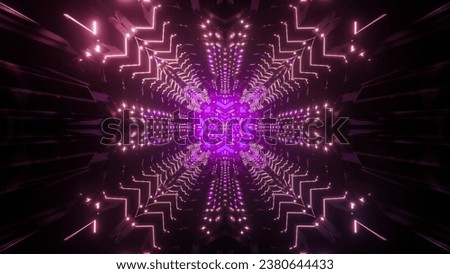 Abstract visual background 3d illustration inside of corridor of futuristic sci fi building with symmetric geometric design and colorful neon lights reflections