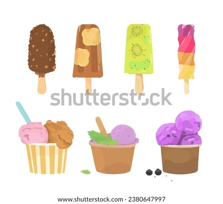 Vector ice cream balls in paper cup, popsicle and ice cream cone. Cartoon sweet cold summer dessert illustration Set.