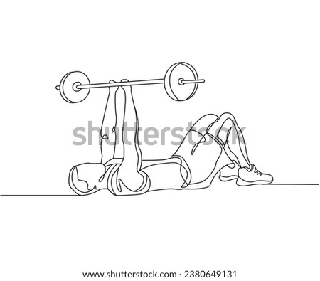 Laying chest press barbell exercise line drawing isolated on copy space white background, Barbell Floor Press exercise editable vector illustration, Continuous one line drawing outline clip art