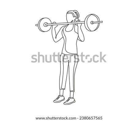Shoulder press barbell exercise Line Drawing isolated on copy space white background, Overhead Press exercise editable vector illustration, Continuous one line drawing, work out outline clip art