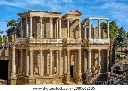 Stage of the Roman Theater of Mérida with Greek and Roman marble columns, lighting spotlights on scaffolding for the Mérida international theater festival. Sunny day before the evening performance. Royalty-Free Stock Photo #2380662185