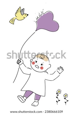 Illustration of a heart balloon and a child expressing emotion.