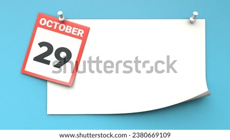 October 29. A calendar sheet with a date on a blue background. Copy space . The best day of the year. Three-dimensional illustration. 3D rendering.
