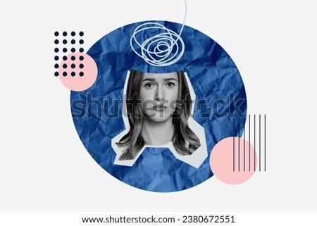 Collage of a sad girl's face with confused thoughts with graphic elements on white background