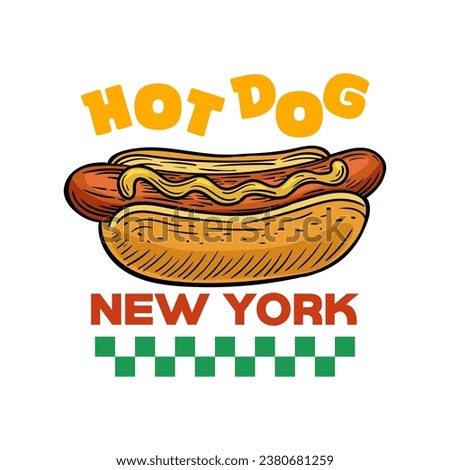 Hot dog logo design template isolated. Retro hot dog logo vector. Hand drawn vintage Hot dog emblem