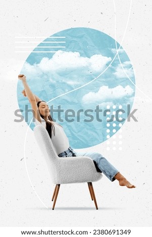 Vertical collage photo of happy girl sitting on chair isolated on white color background. Relaxing smiling woman Royalty-Free Stock Photo #2380691349