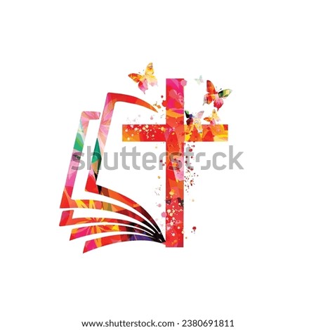 Colorful bible with christian cross isolated vector illustration. Religion themed background