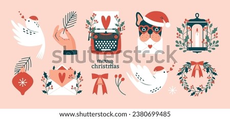 Big collection of christmas clip arts. Winter plants, holly berries, typewriter with letter, french bulldog in santa's hat, bird, wreath, lantern, new year tree decoration, pine branch. For cards