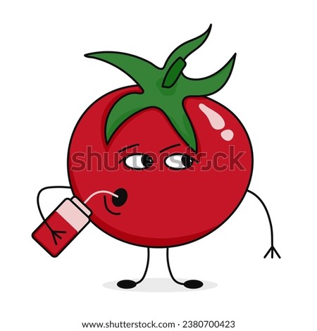 Сute funny cartoon tomato tastes the squeezed juice. Vector flat illustration isolated on white background.
