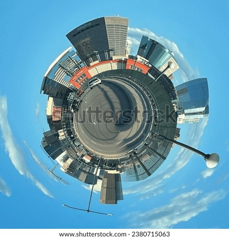 360 degree tiny planet view of Denver downtown skyline.