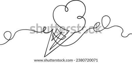 Ice cream in waffle cone in one continuous line drawing.Symbol dessert gelato in simple linear style.Doodle continuous line vector abstraction for print clothes,menu,textiles,business card,poster,labe