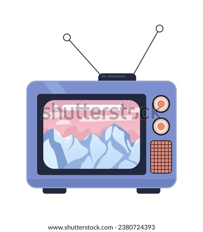 Mountains rocky on 1980s tv 2D cartoon object. Old fashioned retro television program isolated vector item white background. Snow capped peaks. Watching nostalgia show color flat spot illustration