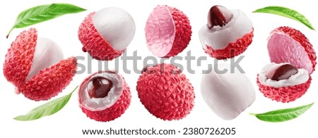 Set of ripe lychee fruits: one whole and six differently peeled, lychee peel and leaves isolated on white background. Royalty-Free Stock Photo #2380726205