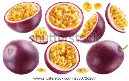 Set of ripe passion fruits: whole and cut isolated on white background. Royalty-Free Stock Photo #2380726207
