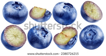Ripe blueberry set isolated on white background. Cut and uncut. Royalty-Free Stock Photo #2380726215