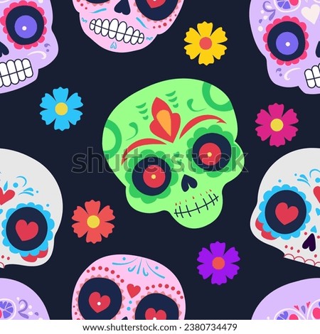 Day of the Dead skull pattern. Dia de los muertos print. Day of the dead and mexican Halloween texture. Mexican tradition festival.  fiesta, holiday poster, party flyer, funny greeting card