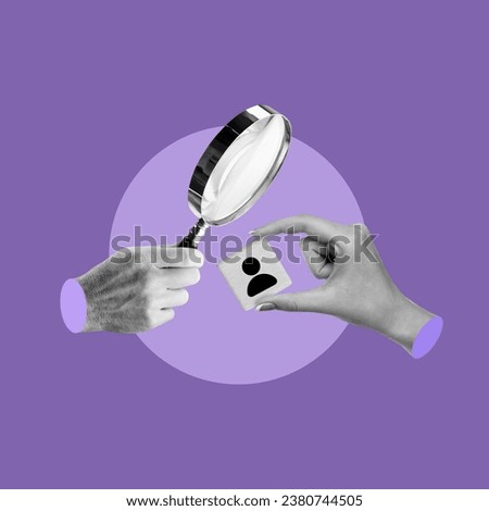 Hand with magnifying glass, hand with dice, HRM, Human Resources Management, businessman, magnifying glass, selection, staff icons, recruitment leadership, human development, target group, client