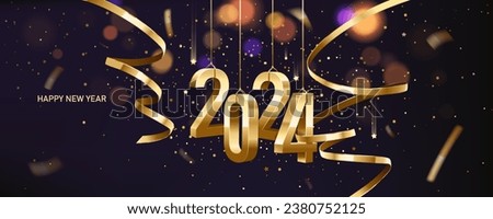 Happy New Year 2024. Hanging golden 3D numbers with golden ribbons and confetti on a defocused colorful, bokeh background. Royalty-Free Stock Photo #2380752125
