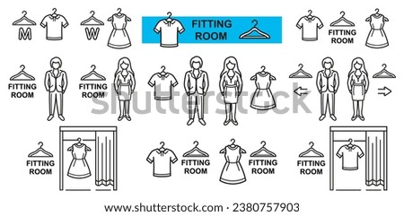 Man woman fitting or changing room, person try clothing in store line icon set. Male and female public dressing cabin. Clothes hanger. Buy dress, t-shirt in shop. Wardrobe rack. Cloakroom sign. Vector Royalty-Free Stock Photo #2380757903