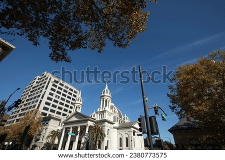 Daytime view of historic buildings in downtown San Jose, California, USA.