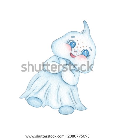 Watercolor illustration of a little cute ghost. Halloween spirit isolated on white background. Design concept for poster, card, banner, clothing, wallpaper, wrapping paper, packaging, postcard sticker