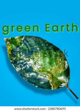 focus on green leaves combined with earth map patterns. the background is blue and there is green writing
