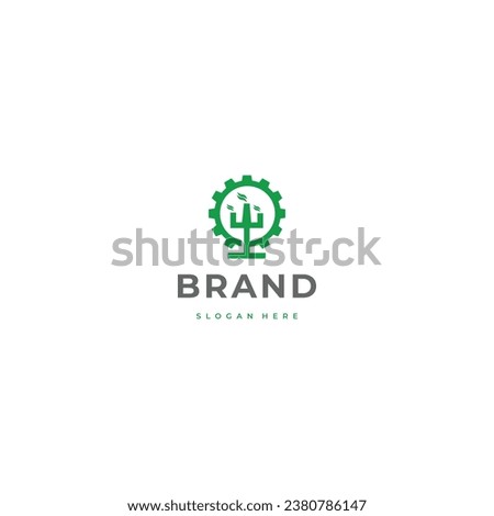 Modern nature technology logo, leaf and tree machine vector, agriculture logo template