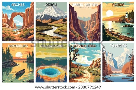 Set of 8 Vintage National Park Posters National Park Art Prints, Nature Wall Art, and Mountain Print Travel Wall Art Living Room Bedroom Bathroom Decor. Royalty-Free Stock Photo #2380791249