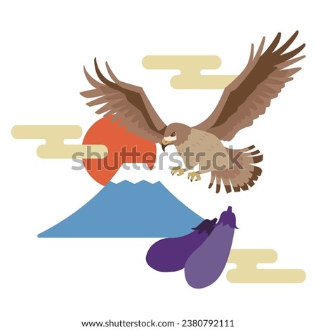Illustration of first dream of hawk, Fuji and eggplant Royalty-Free Stock Photo #2380792111