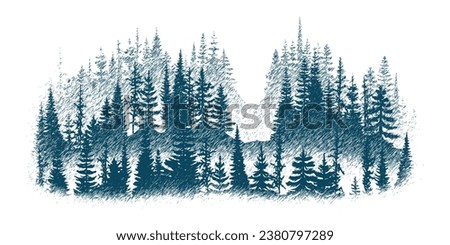 The forest in the fog, imitation of a pencil drawing, vector sketch, isolated on a white background