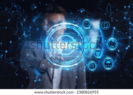 Business, technology, internet and network concept. Young businessman thinks over the steps for successful growth: Unlock your potential Royalty-Free Stock Photo #2380826955