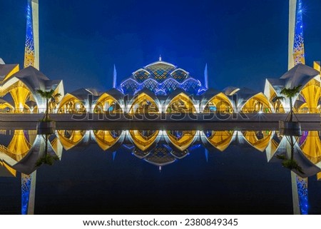 Sunrise at Al-Jabbar Mosque or Floating Mosque on an artificial lake, Gedebage located in Bandung City, founded in 2017, completed in 2020, Bandung, Indonesia, April 9, 2023