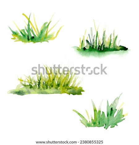 Watercolor aquarelle drawing set of camping field grass lawn yellow greenish. Scillfully painted meadow grassland isolated on white background. For logo postcards leaflet textile print stickers poster