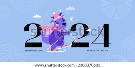 Dragon in a hat and scarf is skiing in the forest. Happy Chinese New Year 2024. Year of the Dragon. Lunar new year celebration concept for greeting card. Blue Banner template. Vector