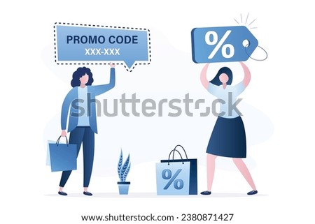 Fashion women shopaholic holding promo code coupon and discount tag. Black friday, sales time. Shopping addiction, marketing promotions for profitable purchases. flat vector illustration
