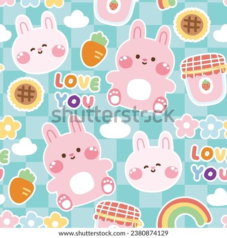 Seamles pattern of cute rabbit with various icon on blue background.Rodent animal character cartoon design.Rainbow,carrot,strawberry jam,sunflower,cloud hand drawn.Kawaii.Vector.Illustration. Royalty-Free Stock Photo #2380874129