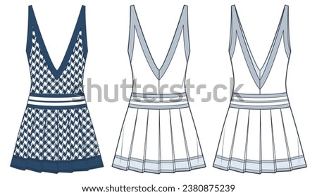 Women's V-Neck Dress technical fashion illustration, houndstooth pattern. Pleated Dress fashion flat technical drawing template, mini, sleeveless, front, back view, white, blue, women CAD mockup set. Royalty-Free Stock Photo #2380875239