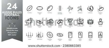 Aussie Rules Football Icon Set. Editable stroke with thick and thin stroke weights. Perfect for logos, stats and infographics. Change the thickness of the line in any vector capable app. Royalty-Free Stock Photo #2380883385