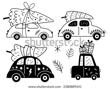 Black and white Christmas cars clipart. Christmas tree truck clipart in flat style