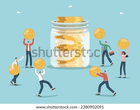Concept of income and salary growth, increasing the value of business and investment portfolio, money management, financial growth, improvement of economy, people carry coins to a jar of coins. Royalty-Free Stock Photo #2380902091