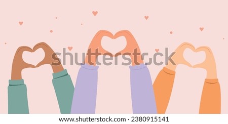 Banner hands raised up with shape of heart. Hands shape of heart together. Care, support concept. Love concept.