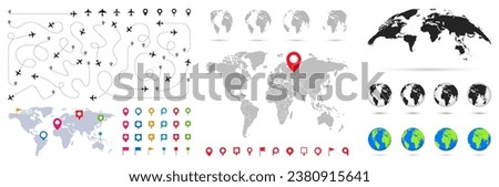Big set of world maps, globes and location pins. Airplane routes set. World map with continents and infograpchic elements. Destination pointers. World travel map with plane. Vector illustration.