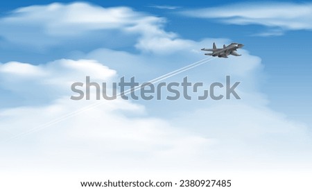 a fighter jet flashed across the cloudy blue sky at supersonic speed Royalty-Free Stock Photo #2380927485